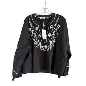 NWT Joie Women’s Flax Blend Black Top Embroidered Floral Size XL Long Sleeve